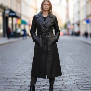 Vintage 90s Black Leather Trench Coat Made in Canada Belted Long Jacket Minimali
